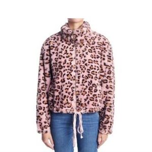 VS Pink No one Cares semi cropped faux fur jacket pink leopard print large.